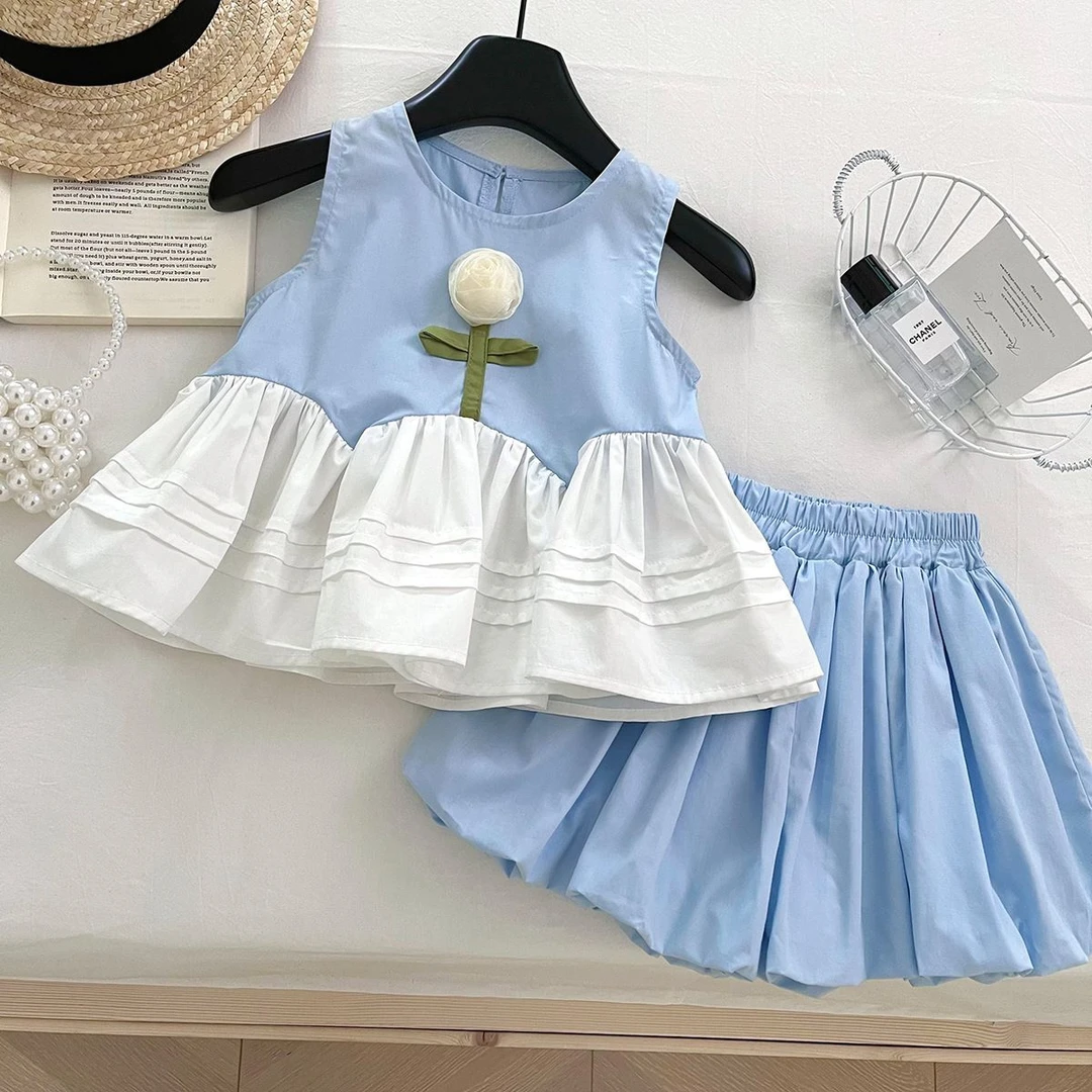 新款2025花朵女童短裤套两件套拼接花苞时髦上衣夏季装洋气无袖潮