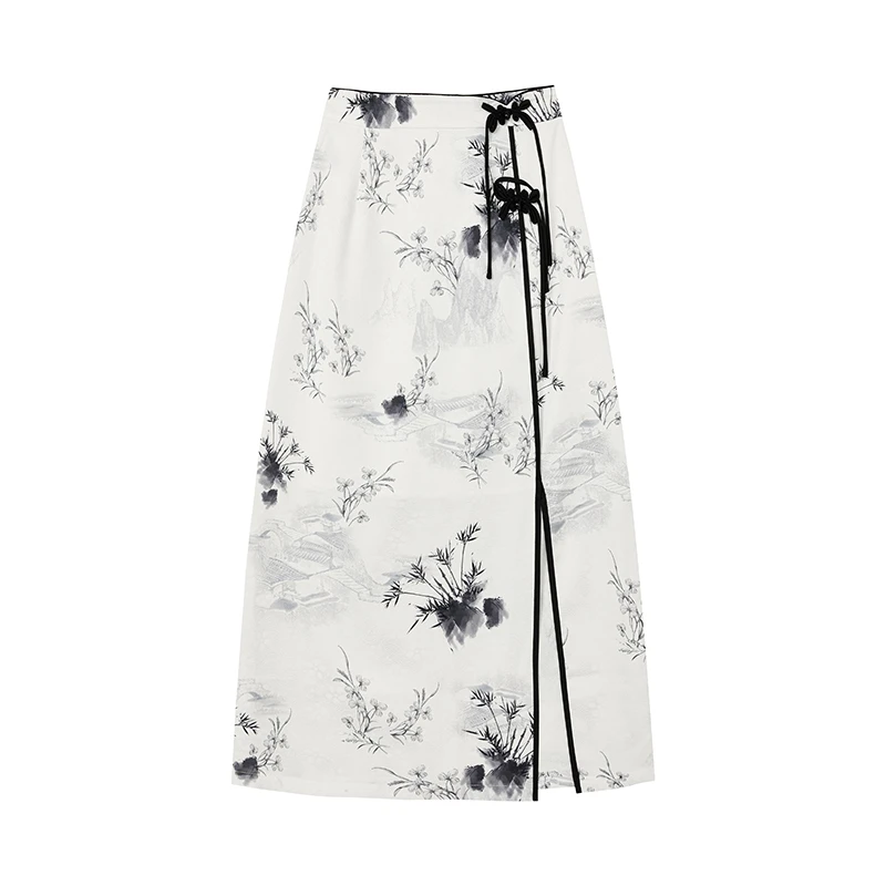 【达人专属】印花流苏盘扣裙摆开叉N2397