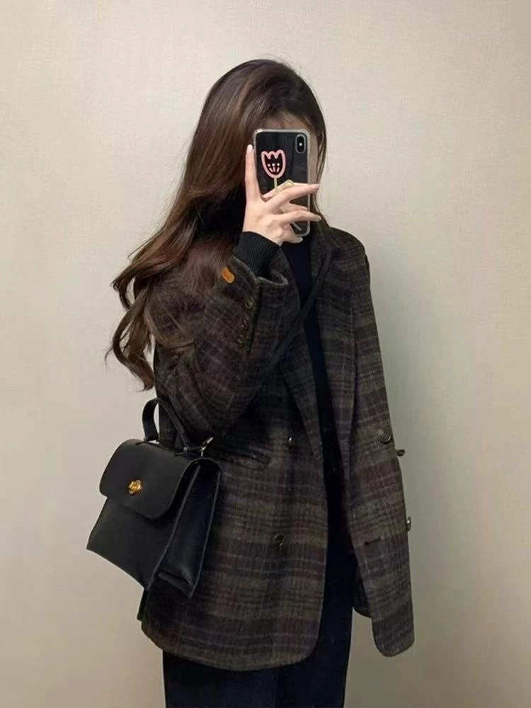 2025新款法式小香风高级感气质复古加厚格纹毛呢西装外套女