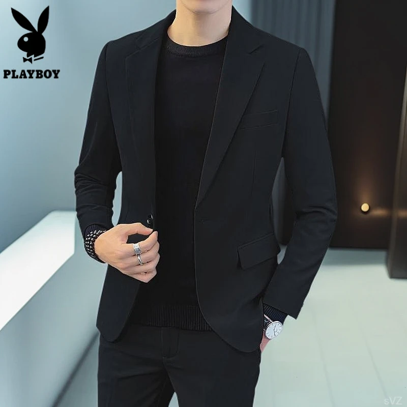 花花公子衣服潮黑色西服套装男士修身流上小西装外套休闲冬季帅气