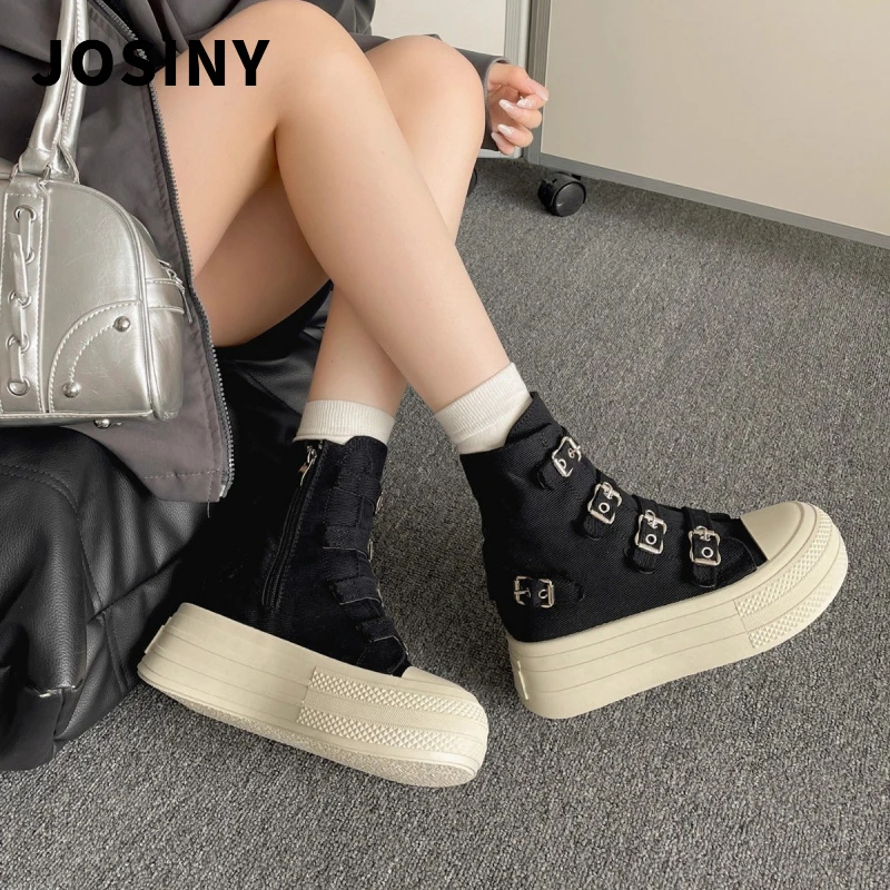 卓诗尼【品牌断码】现货版~短靴牛仔帆布鞋女夏季休闲百搭显瘦厚底