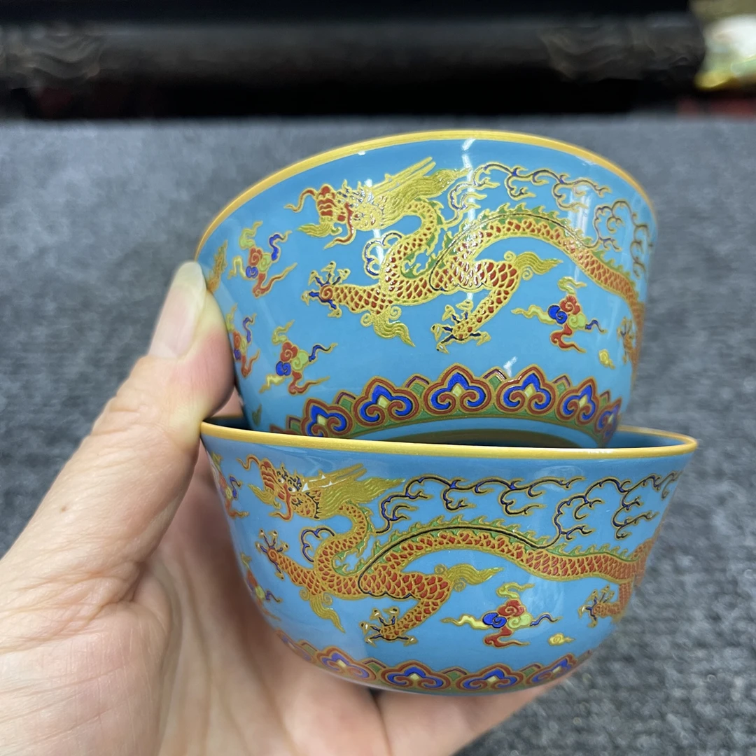 蓝釉描金龙纹口杯压手杯主人杯