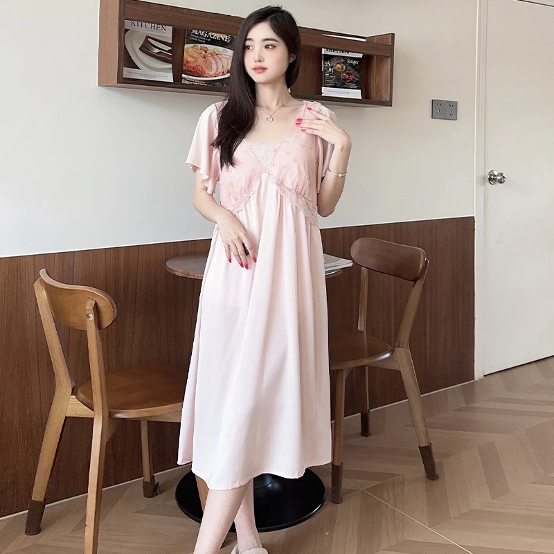 庆同【蜜桃甜梦】月光丝短袖睡裙带胸垫高腰显瘦夏季显高显白睡衣女