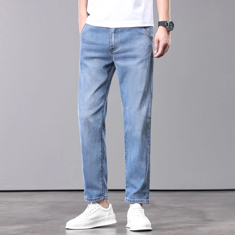 高端天丝牛仔裤男夏季薄款2025年新款宽松直筒休闲九分裤子