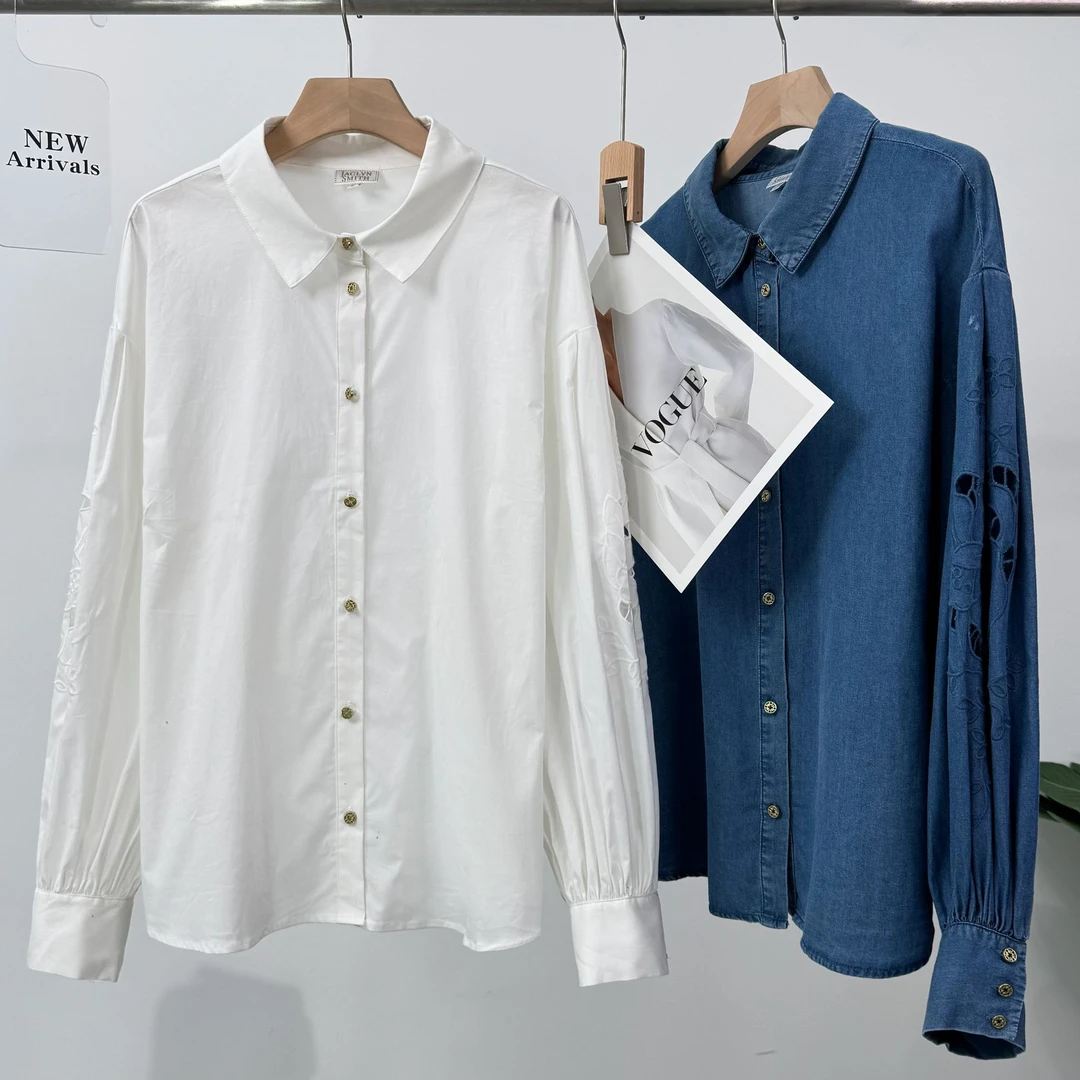 B460高端袖子花镂空刺绣纯色简约翻领长袖衬衫百搭时尚设计感POLO