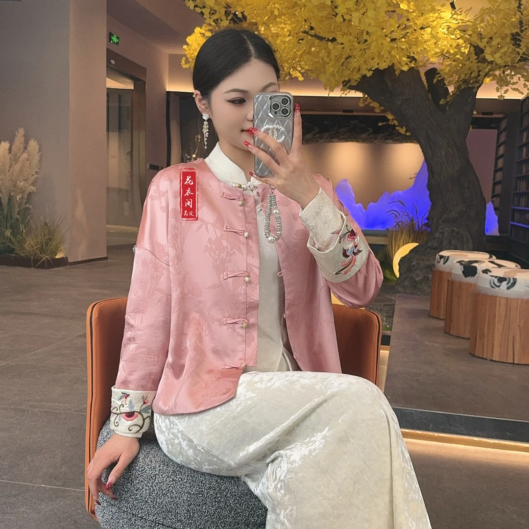【鹊夕】2025新款春季新中式上衣宽松复古国风绣花圆领女装气质外套