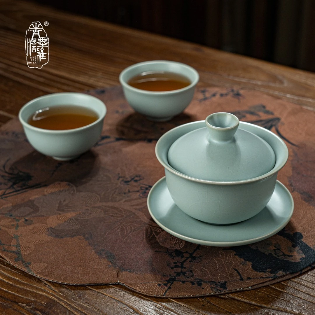 青澹墨雅汝窑落月茶组盖碗套装家用泡茶碗景德镇功夫茶具陶瓷复古