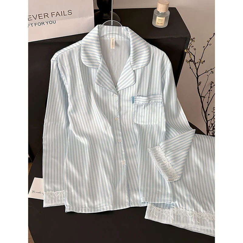 春夏新款韩里条纹显瘦高级感睡衣轻柔透气亲肤长袖长裤套装1730