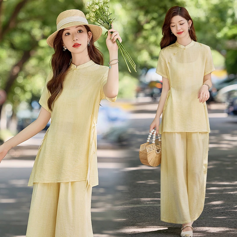 新中式国风套装女夏季2025新款薄款立领上衣阔腿裤气质显瘦两件套