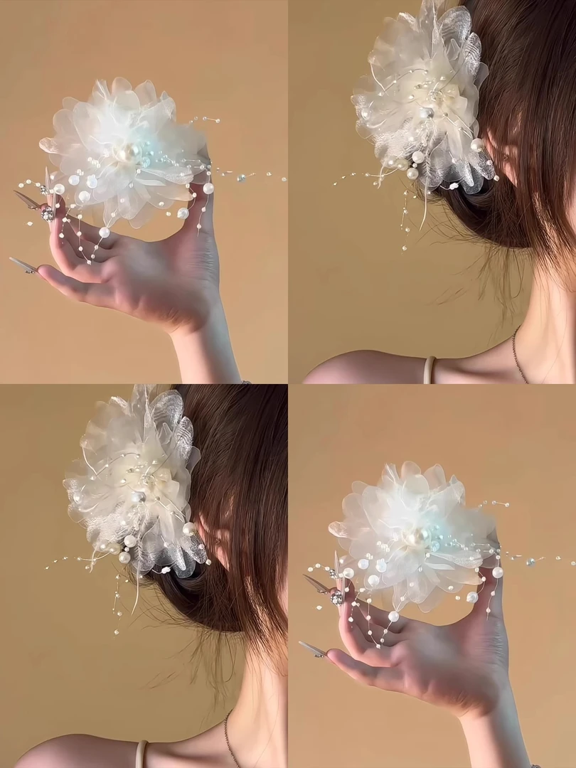 粉黛花~超仙花朵流苏抓夹女！氛围感绢纱烫花鲨鱼夹头发饰盘发器