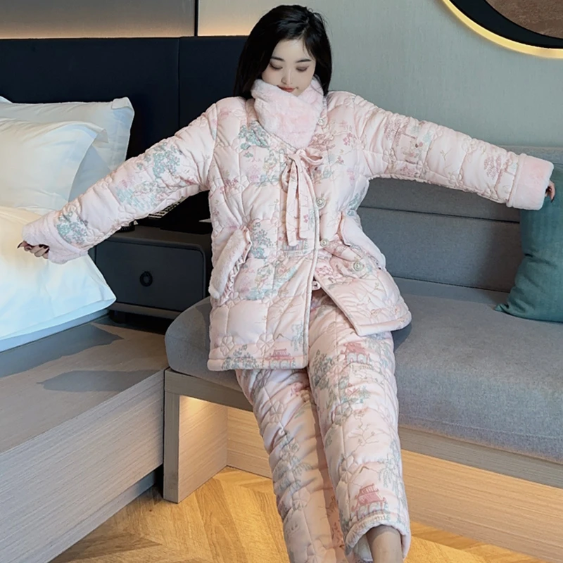 庆同大码睡衣女款冬季三层加厚加绒夹棉珊瑚绒保暖宽松家居服套装