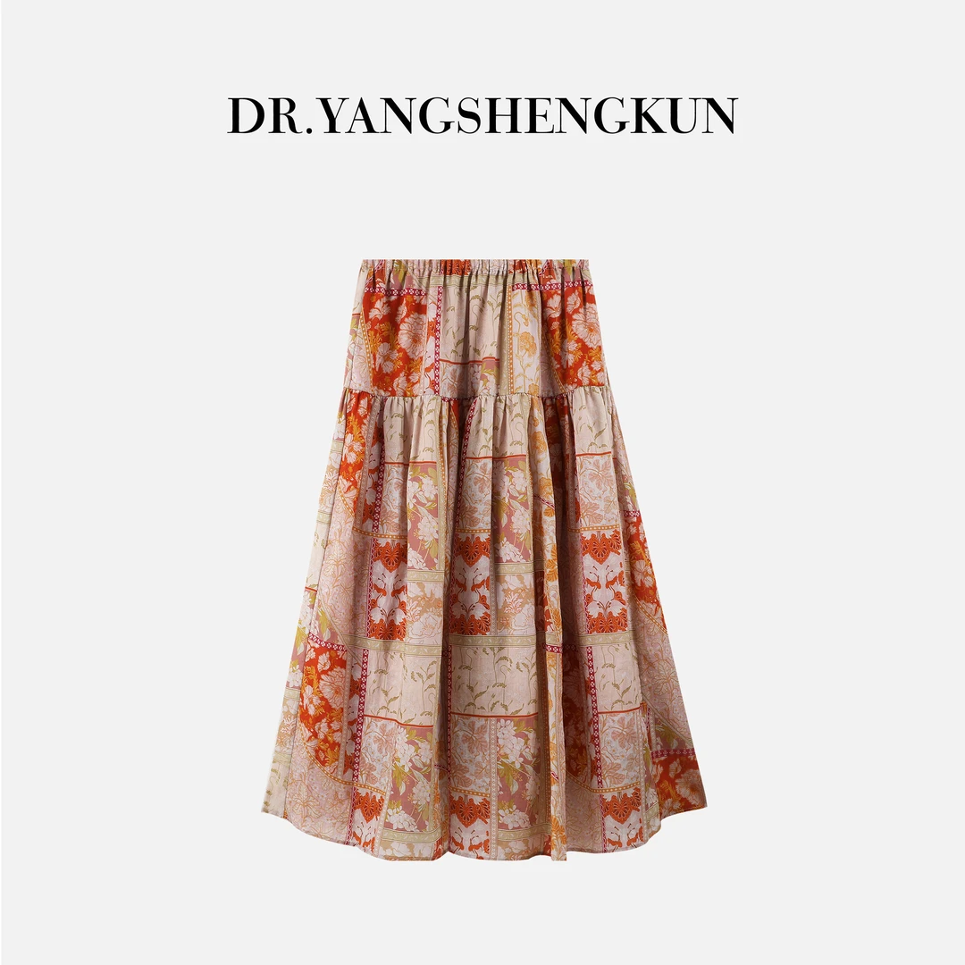 杨圣坤2025新款时尚百搭高腰显瘦印花裙A字苎麻半身裙SW2541205
