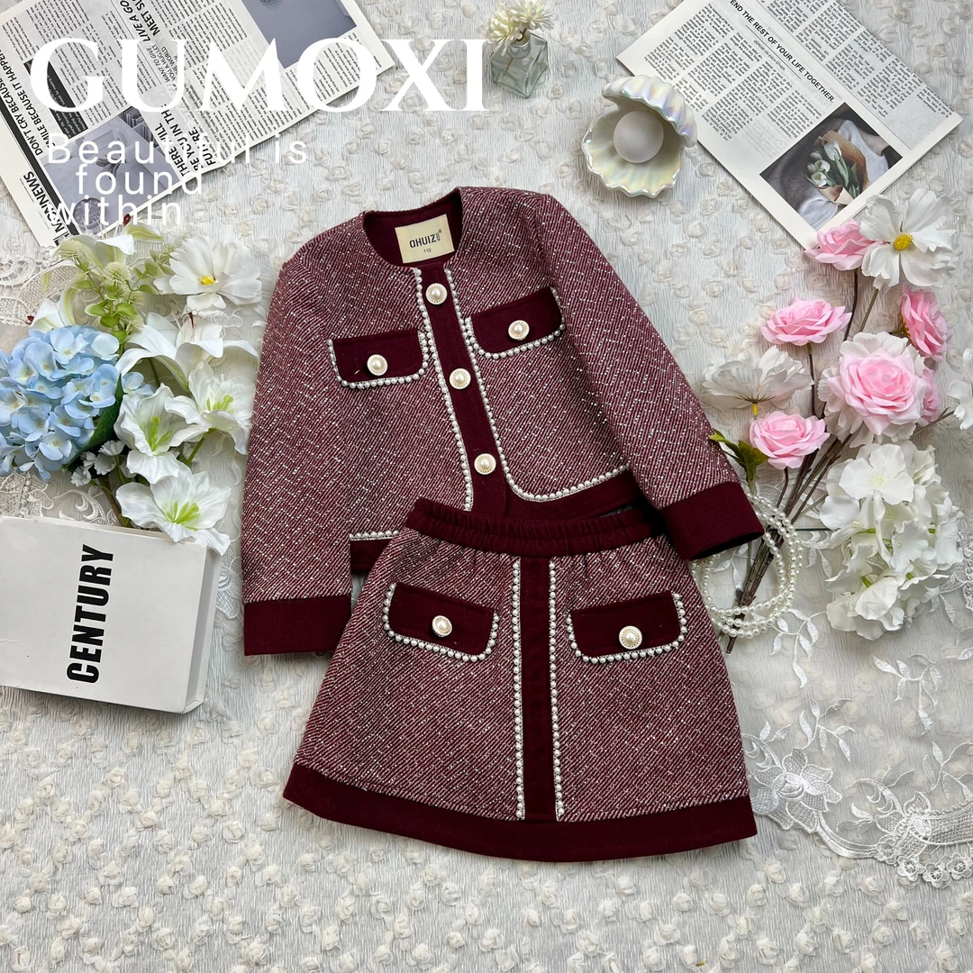 GUMOXI【酒红星河】设计师童装女童小香风套装粗花呢千金奢华秋款