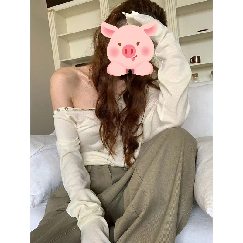 辣妹一字肩长袖T恤修身设计感小众不规则露肩高腰显瘦休闲直筒裤