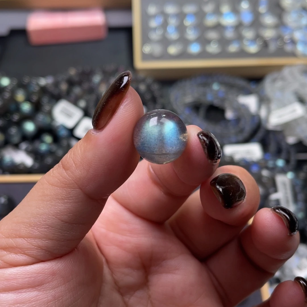 拉长石裸石未镶嵌正***宣黑体灰月光单珠直径13.7mm