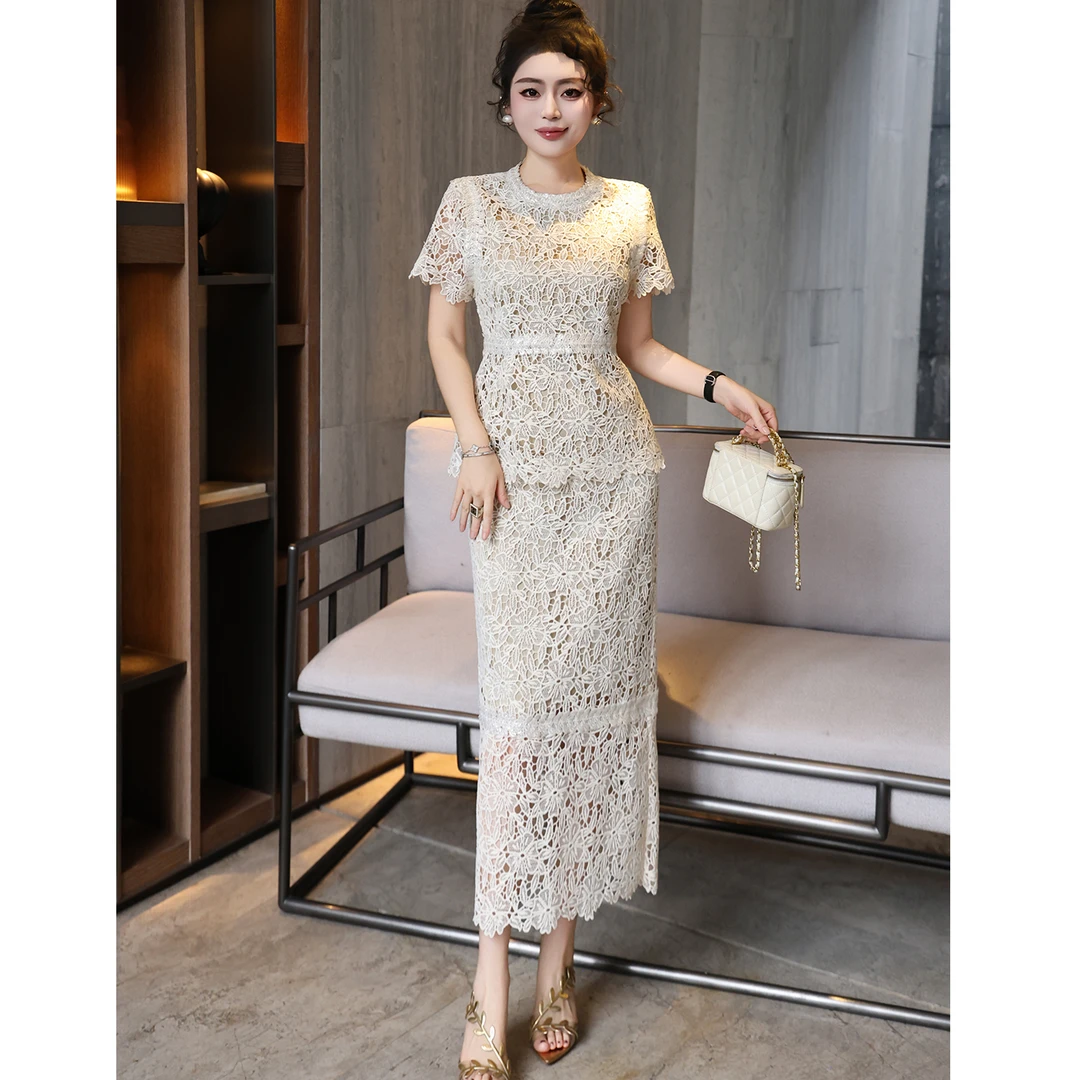 2025夏气质小香风修身蕾丝短袖上衣包臀半身裙两件套名媛套装女装