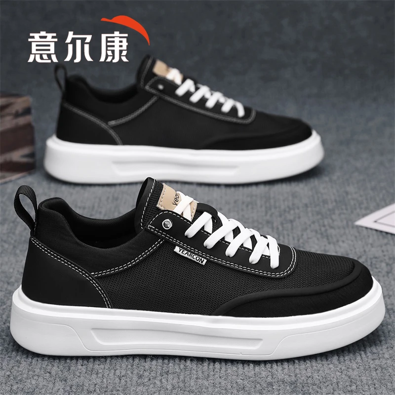 意尔康休闲板鞋男士2025夏季透气网面鞋子免系带一脚蹬黑色懒人鞋