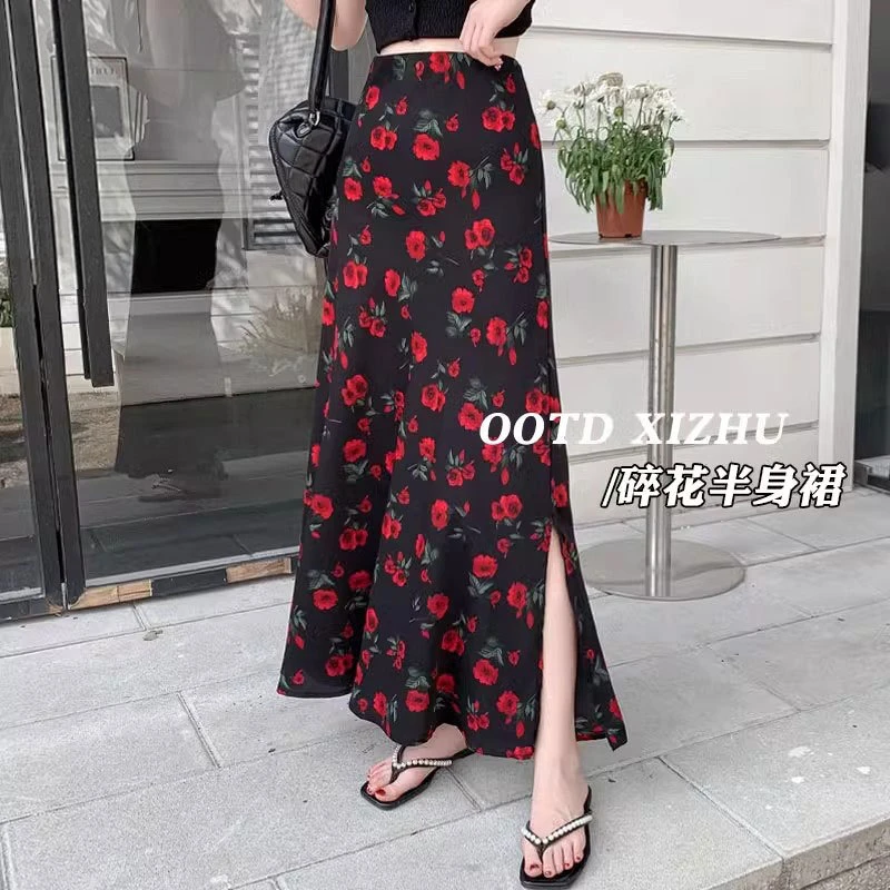 设计感碎花半身裙女新款夏季高腰鱼尾长裙侧叉开包臀a字裙开叉