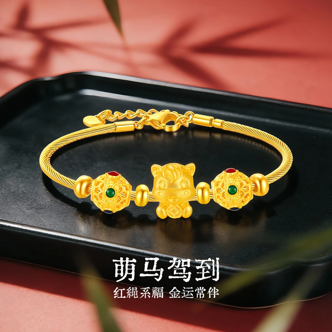梦金园独角兽黄金手绳女5D足金生肖马转运珠编绳手串送女友礼物