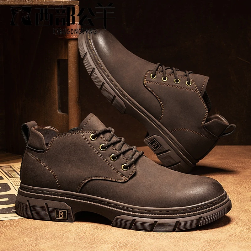 西部公羊马丁靴男低帮春秋款英伦风2025新款男士两用休闲皮鞋男款
