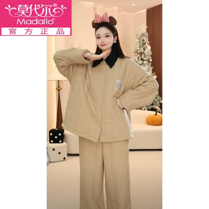 莫代尔【杏仁曲奇】超保暖冬季三层夹超厚加绒加厚高端家居服睡衣