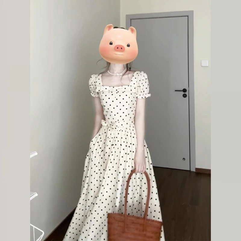 【筱安】法式白色波点短袖连衣裙子女装2025新款夏收腰长裙D1457