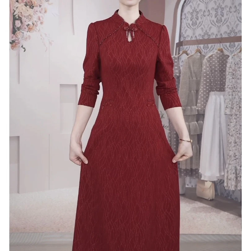 【连衣裙】2025秋季新款新中式时尚气质显瘦优雅婚宴红色连衣裙