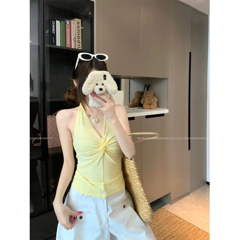 设计感纯色V领扭结挂脖背心女2025夏季新款修身显瘦无袖百搭上衣