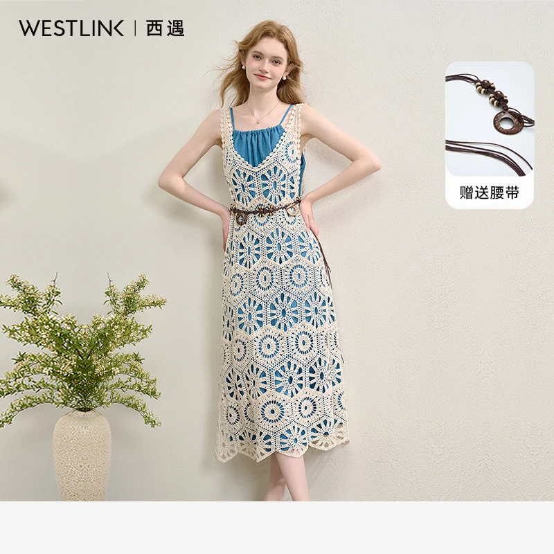 1009西遇叠穿连衣裙女2025年夏季新款波西米亚镂空旅游吊带裙