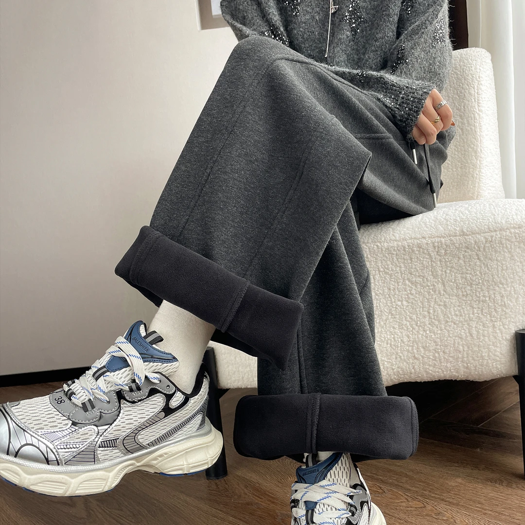 灰色加绒加厚弯刀裤女2025秋冬新款高腰垂感休闲小个子香蕉阔腿裤