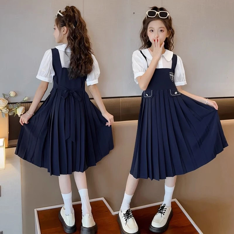 女童夏季连衣裙学院风2025新款洋气儿童背带假两件裙子女童夏装