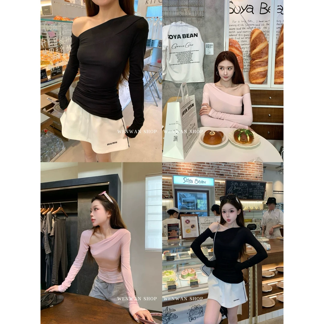 【心动约会日】2色～斜肩一字肩长袖T恤