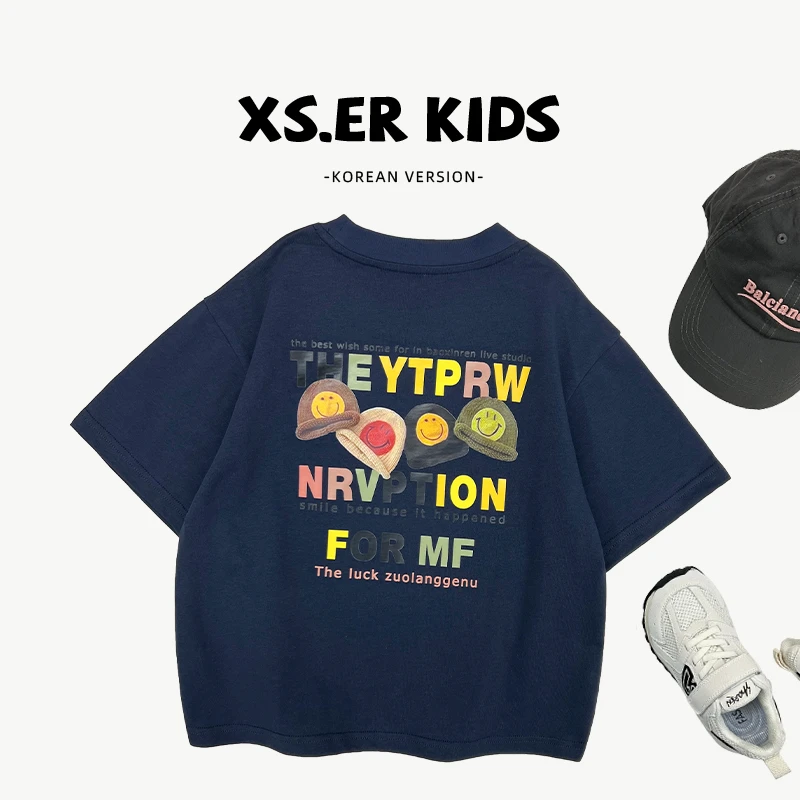 【派町现货】2025夏季儿童时尚韩版潮流宽松字母印花短袖T恤HBB7063