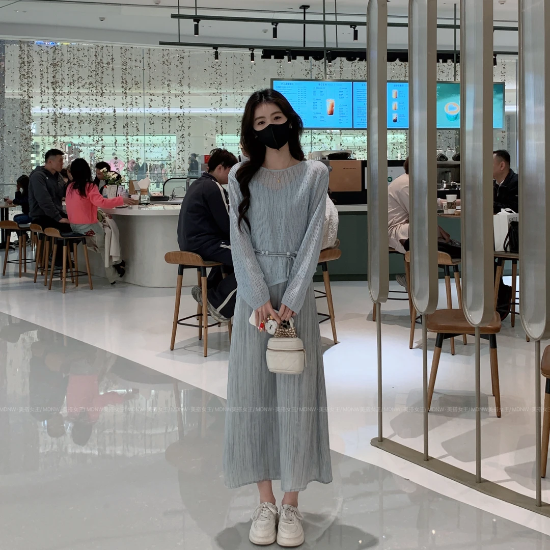 【春季浪漫】2025设计师春装新款罩衫+吊带裙+腰链三件套装TZ2043