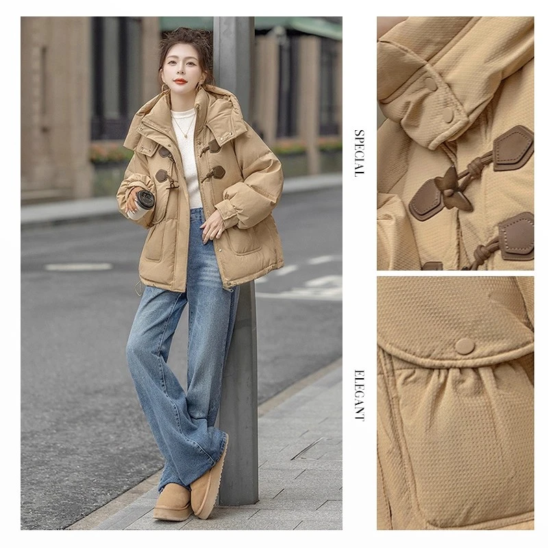 潮碧梵300斤大码女装纽扣设计连帽棉服外套女胖mm时尚显瘦面包服