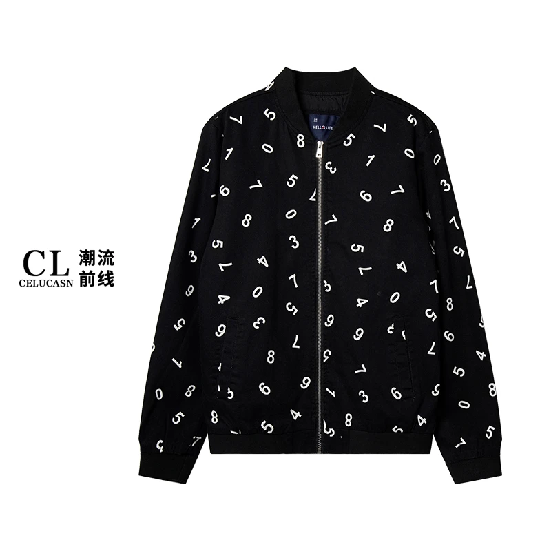 H5PB8195#新款男士长袖潮流经典黑色数字印花白搭外套