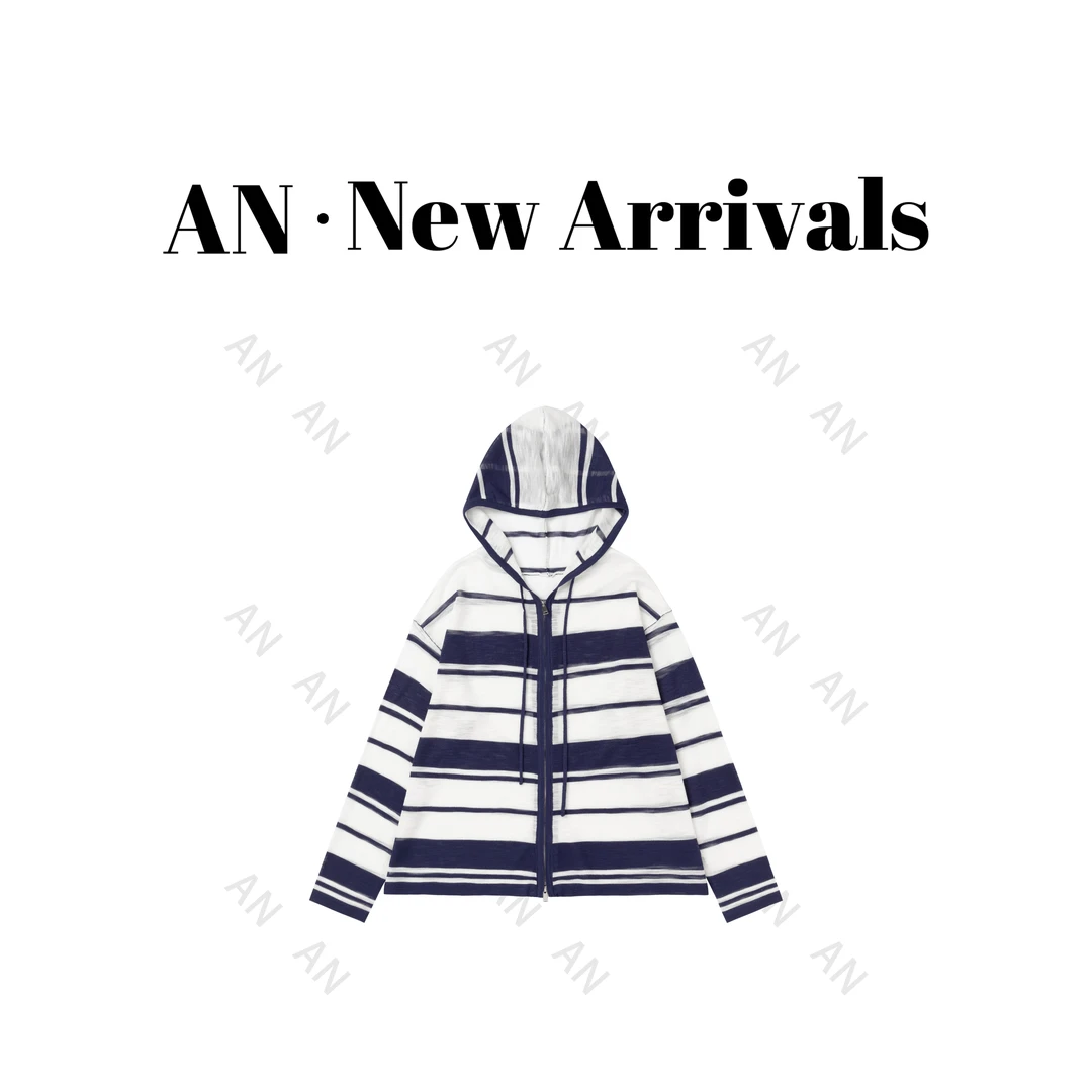 C06044新款INS潮宽松慵懒风休闲连帽长袖防晒针织条纹外套