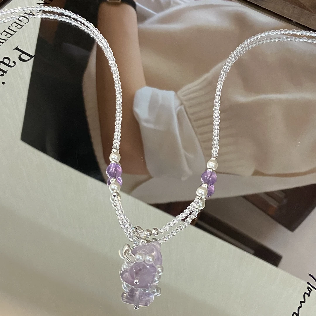 镀K金 烟紫色珠珠小熊 趣味可爱高级感项链X8349
