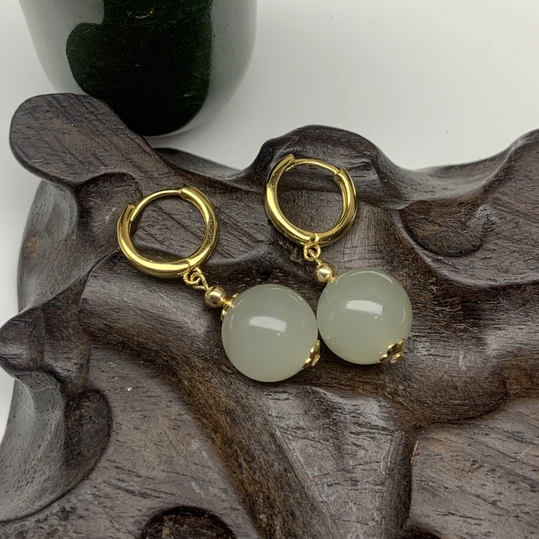 天然和田玉晴水耳环大圆珠耳饰