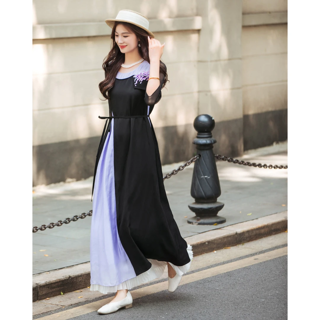 生活在左2025年春绣花连衣裙开衩拼桑蚕丝飞片花仙子长裙N1952163