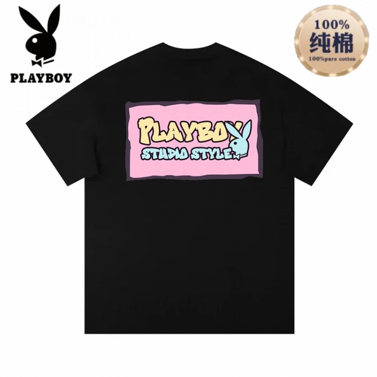 花花公子潮牌夏季纯棉兔子印花短袖t恤男士宽松休闲ins青少年半袖