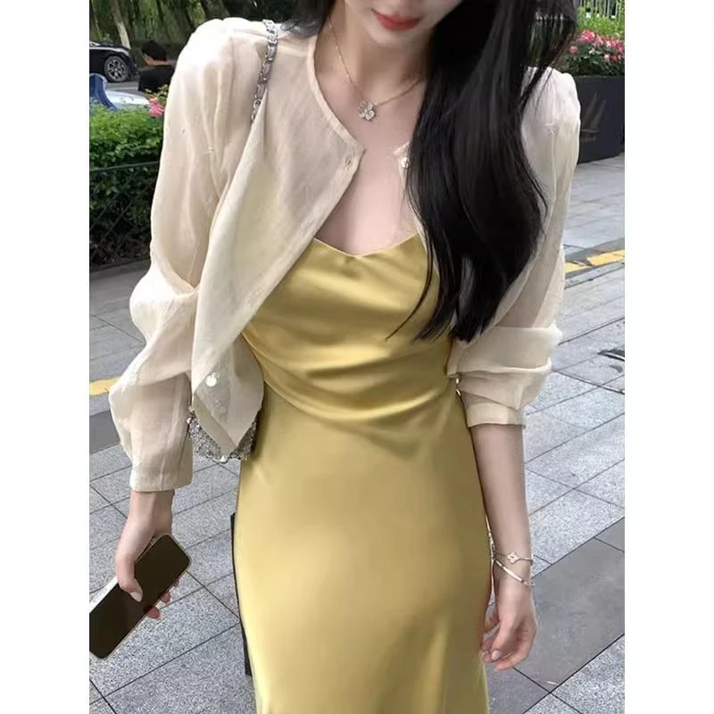 短款长袖防晒衬衫上衣女夏季新款配吊带连衣裙外搭披肩罩衫薄外套