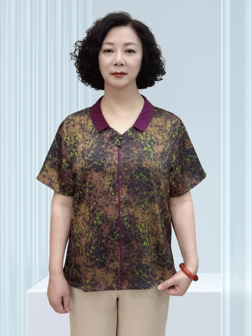 夏季碎花翻领短袖上衣宽松舒适中老年妈妈装时尚大方
