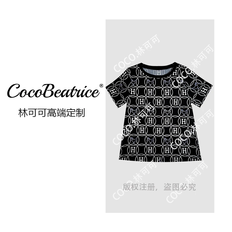 【COCO林可可】‘’H戒指‘’烫钻黑色桑蚕丝上衣名媛气质欧货印花T恤