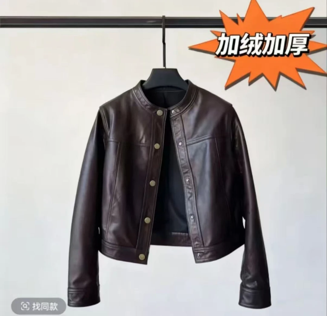 加绒加厚秋冬季加绒加厚洋气时尚短款立领皮衣女装外套夹克纽扣