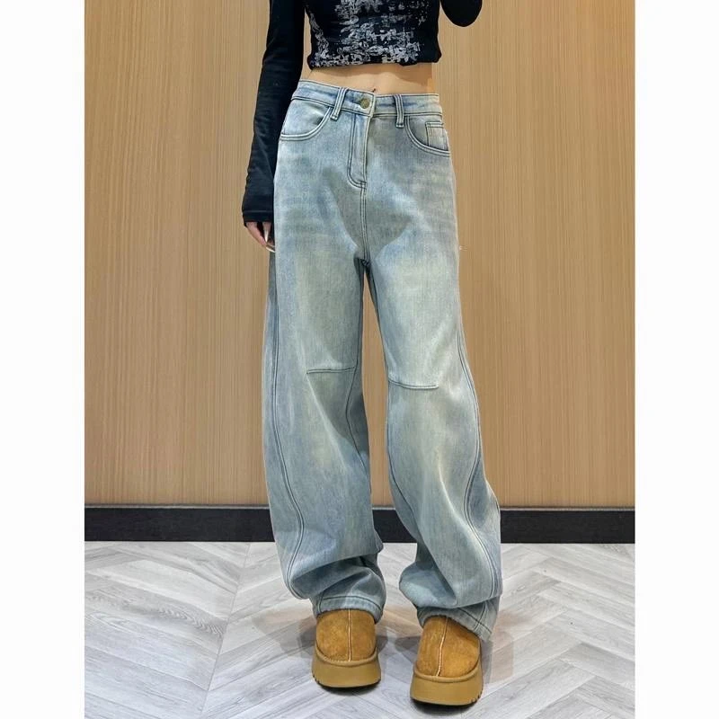 2025春秋新款高腰弯刀牛仔裤女士垂感设计阔腿显瘦简约休闲拖地裤