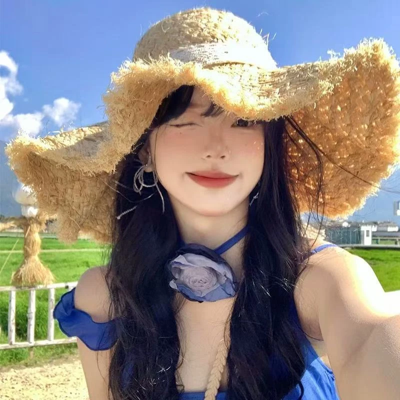 蕾丝蝴蝶结拉菲草帽女夏季海边沙滩度假草编太阳帽子遮阳防晒帽