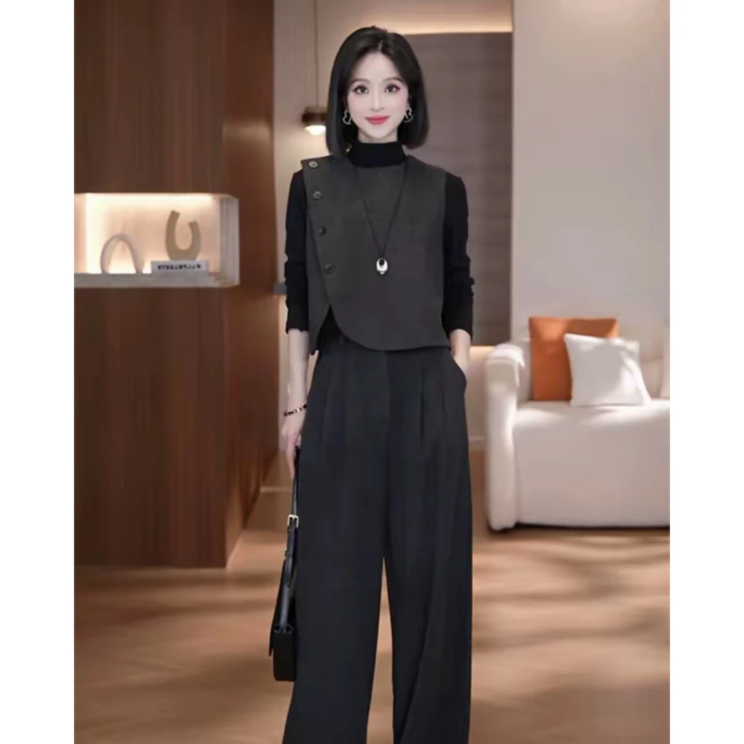 【A9414】时尚套装女2025秋季新款气质马甲长袖打底衫阔腿裤三件套