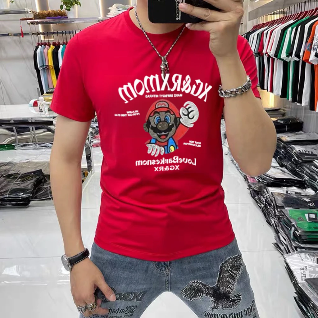 潮牌重工轻奢卡通人物烫钻丝光印花短袖T恤男装潮流半袖修身帅气