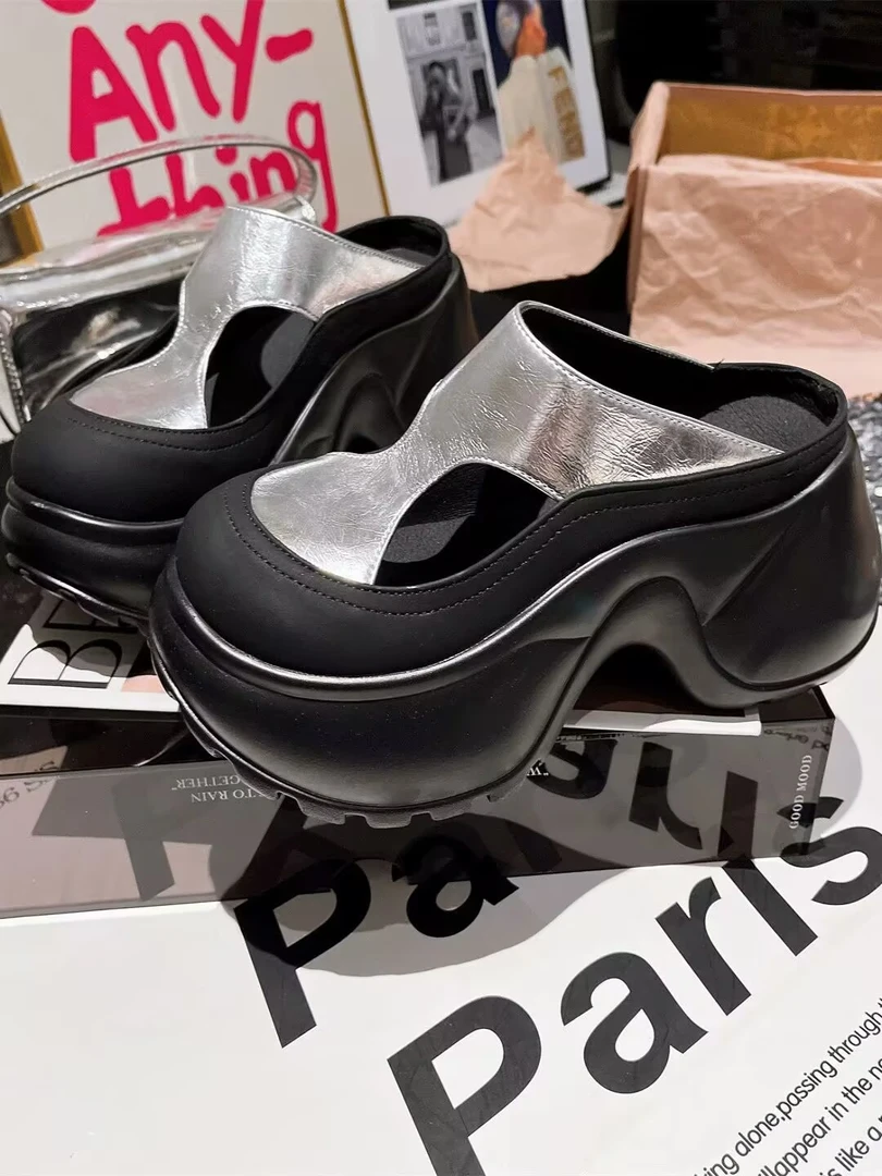 厚底一脚蹬懒人鞋女2025夏季新款镂空小个子内增高外穿包头半拖鞋